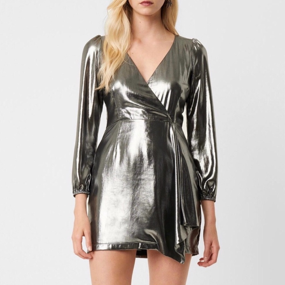 French Connection Sexy Drape Wrap Dress Metallic size 12 Cocktail Party